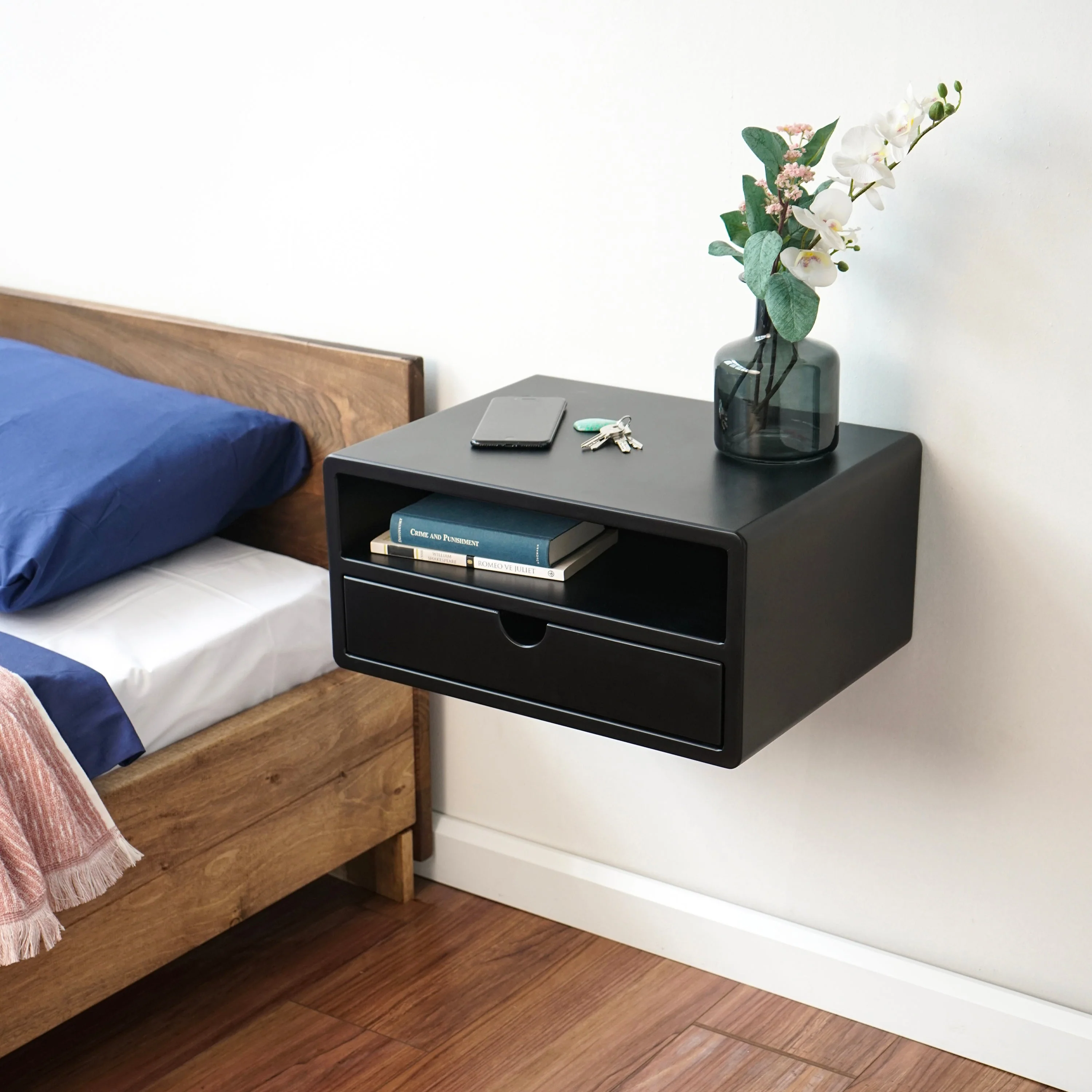 Black Floating Nightstand With Drawer and Shelf - Wall Mounted Bedside Table - Image 5