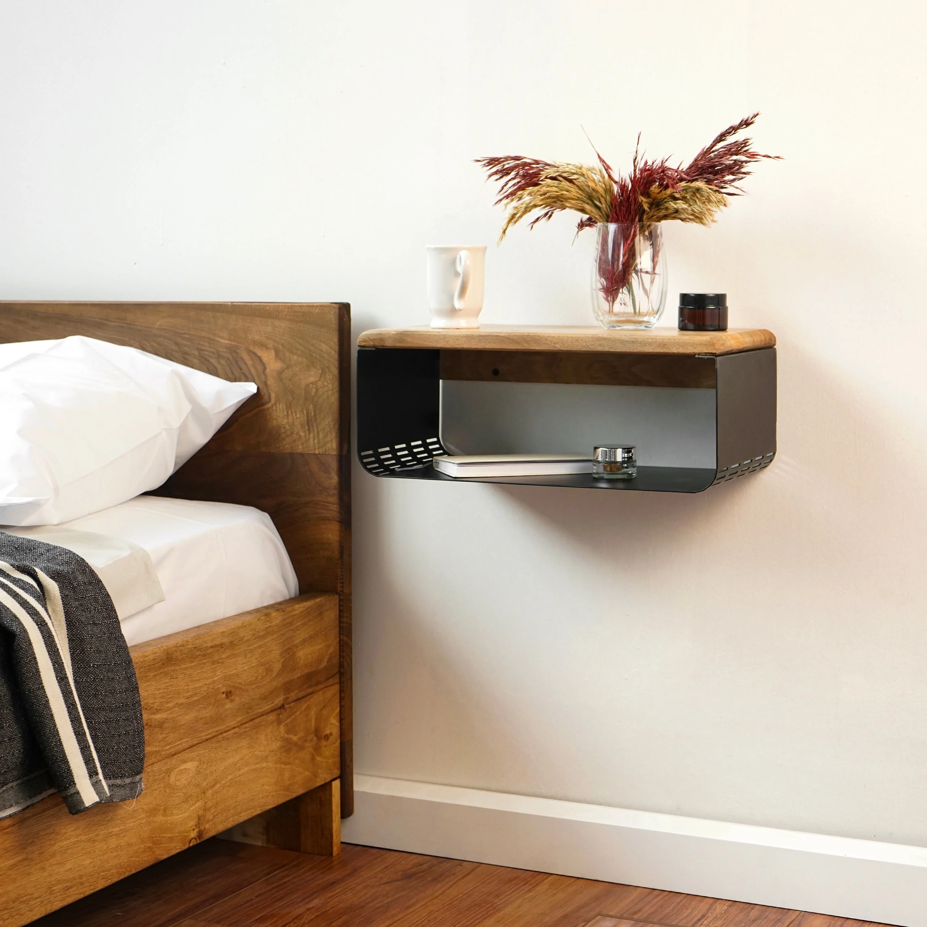 Floating Nightstand With Walnut Top and Sturdy Metal Base - Image 5