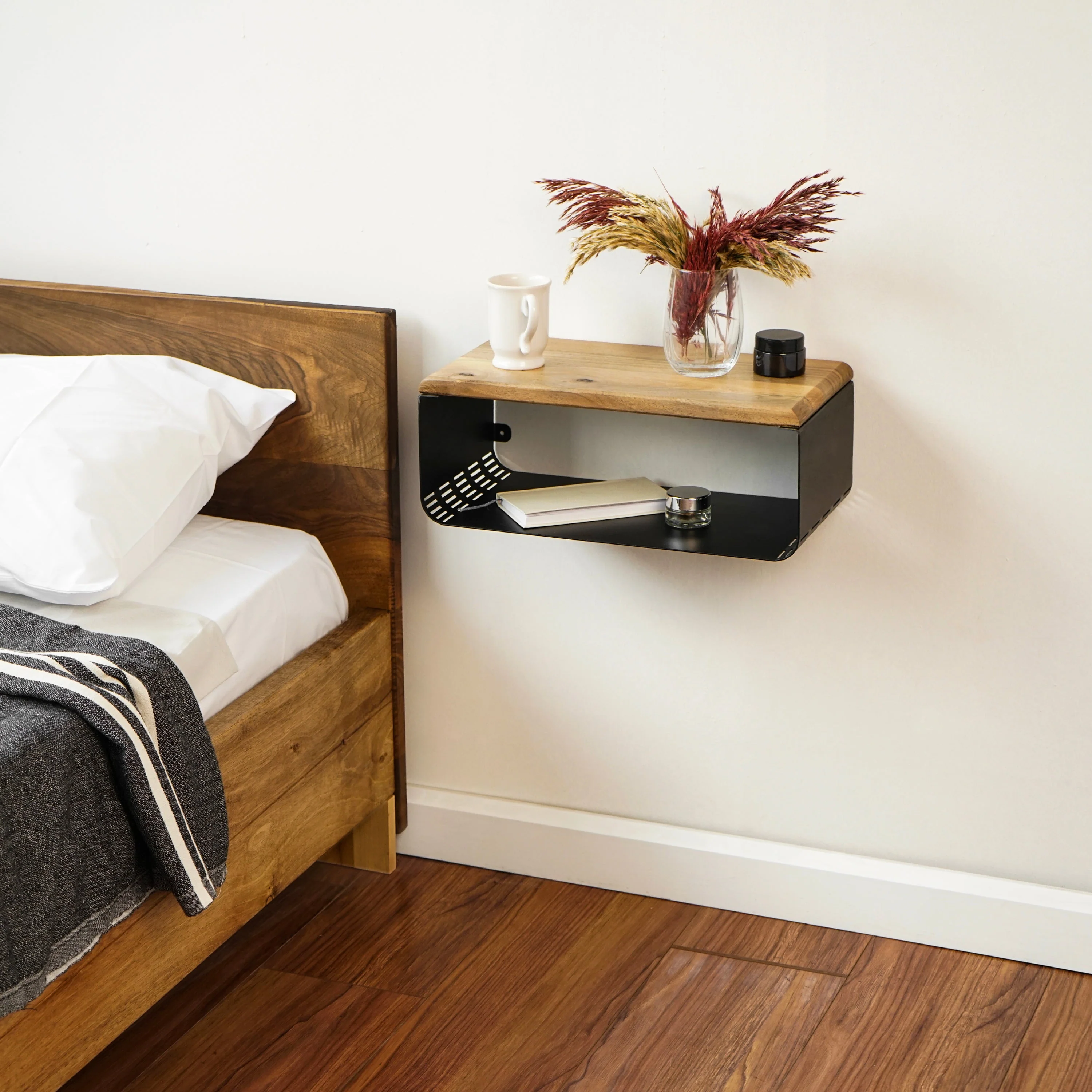 Floating Nightstand With Walnut Top and Sturdy Metal Base - Image 8