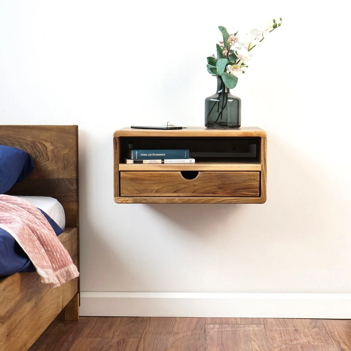 Floating Walnut Nightstand - Walnut Bedside Table with Drawer and Shelf - Image 10
