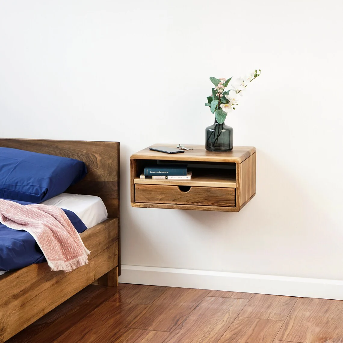 Floating Walnut Nightstand - Walnut Bedside Table with Drawer and Shelf - Image 13