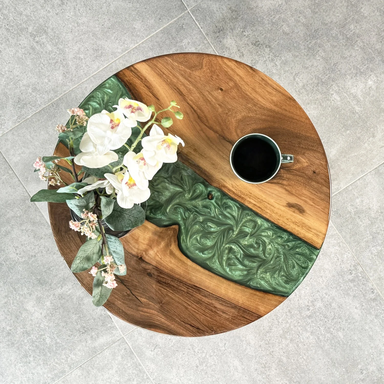 Live Edge Blue Epoxy River Side Table with Tapered Legs - Image 10