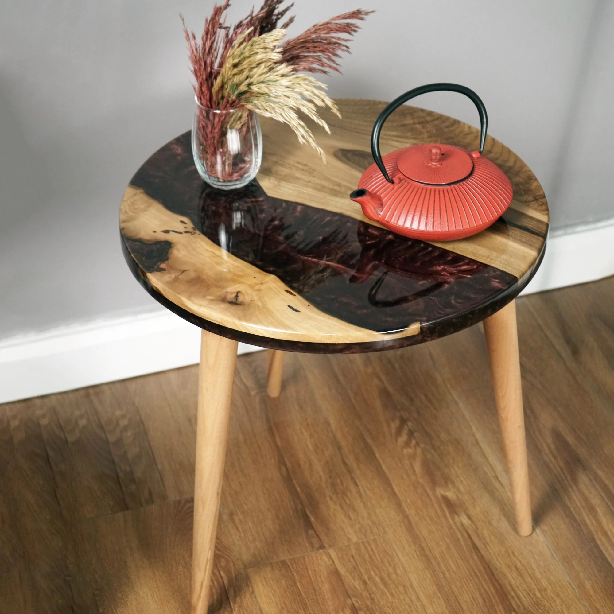 Live Edge Blue Epoxy River Side Table with Tapered Legs - Image 12