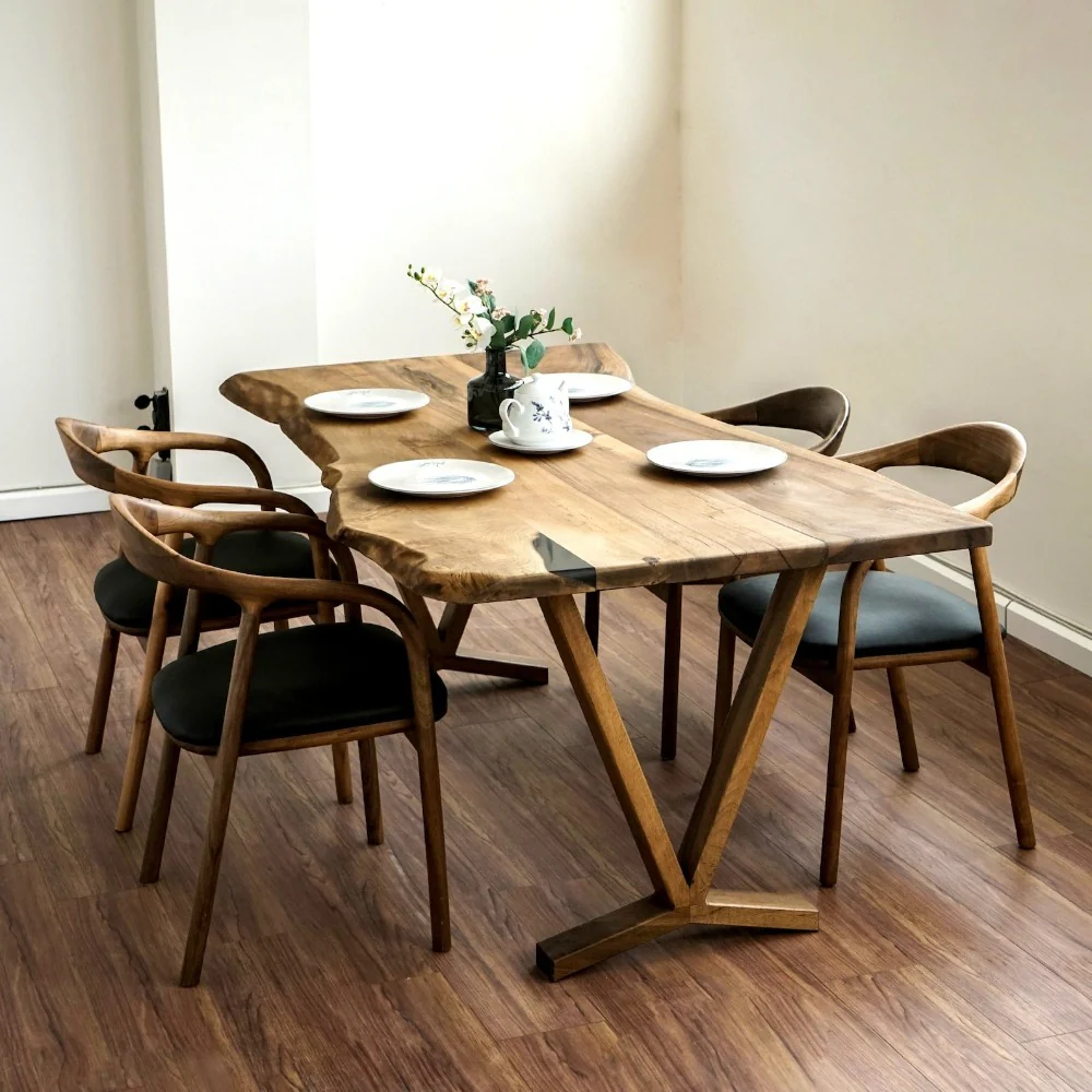 Live Edge Dining Table - Solid Walnut Farmhouse Table with Wooden Legs - Image 15