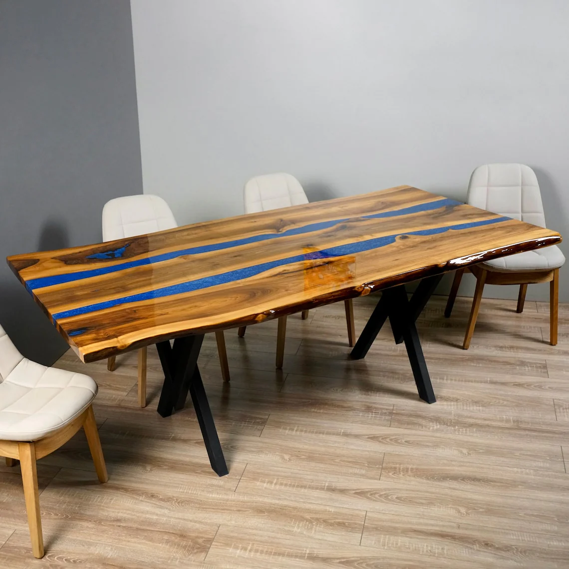 Live Edge Epoxy Navy Blue River Table - Contemporary Solid Wood Dining Table - Image 15