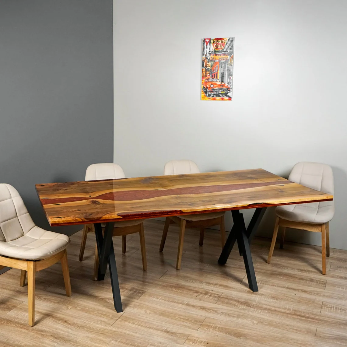 Live Edge Walnut Dining Table with Burgundy Epoxy River Design - Image 5