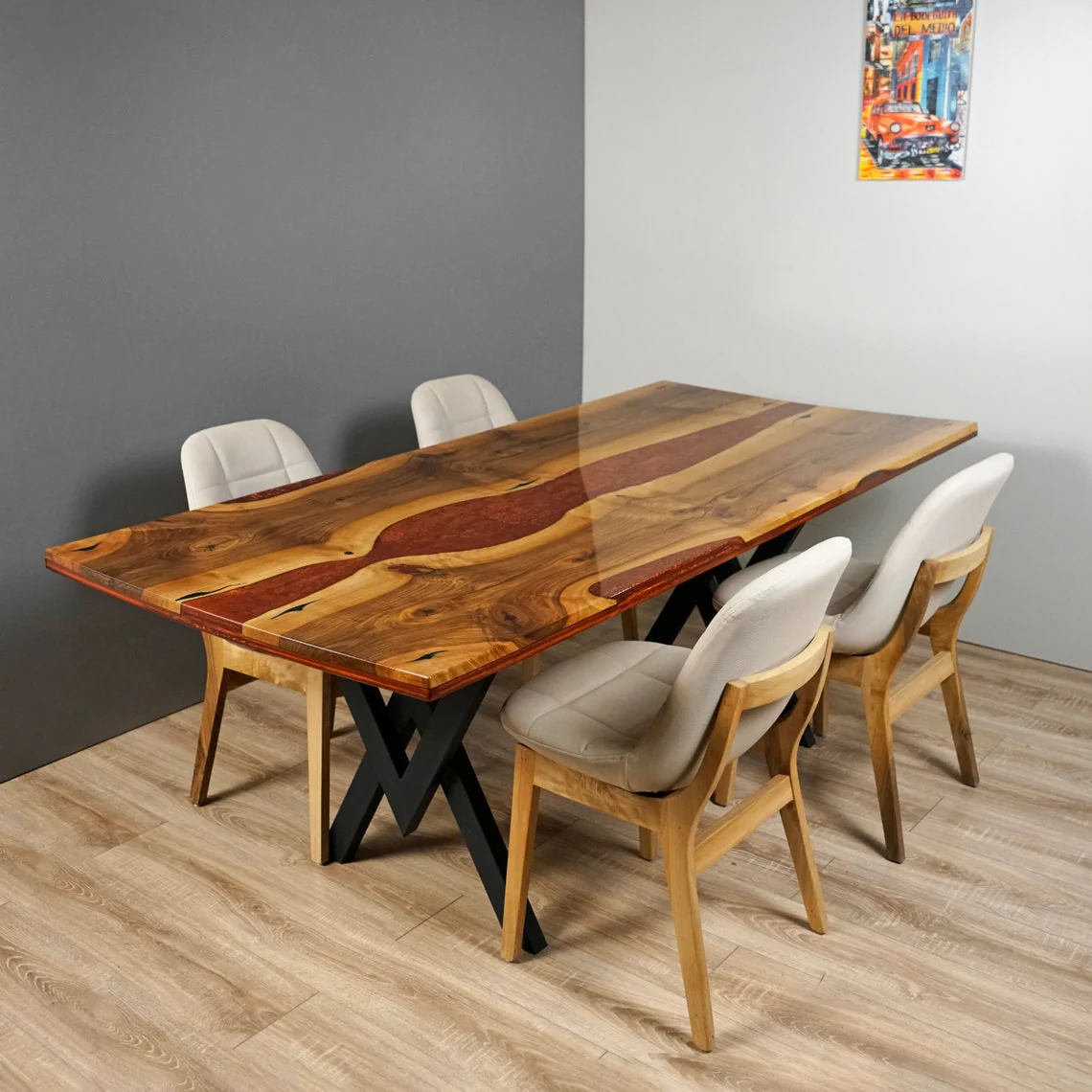 Live Edge Walnut Dining Table with Burgundy Epoxy River Design - Image 8