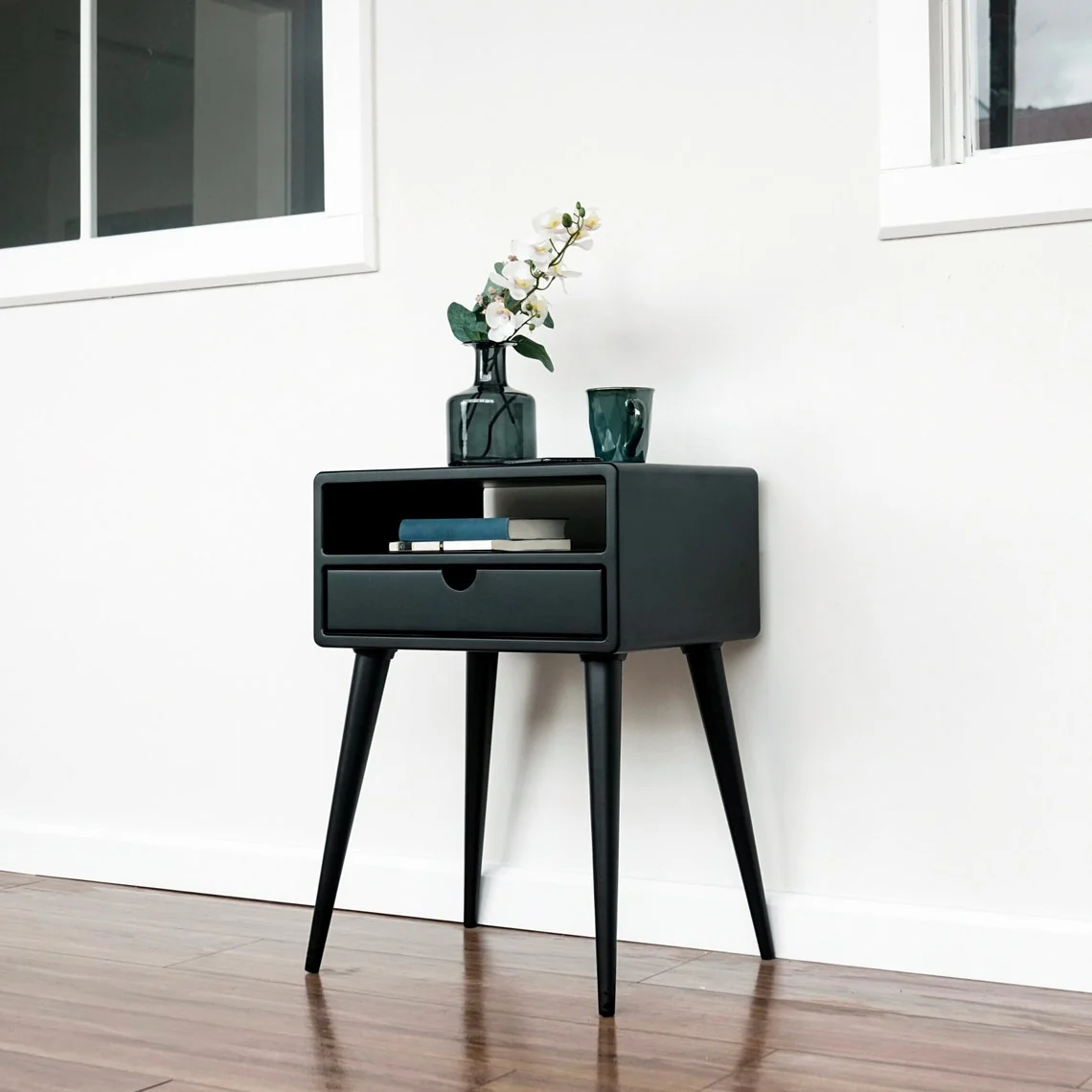 Mid Century Nightstand - Black Bedside Table with Drawer and Shelf - Image 10