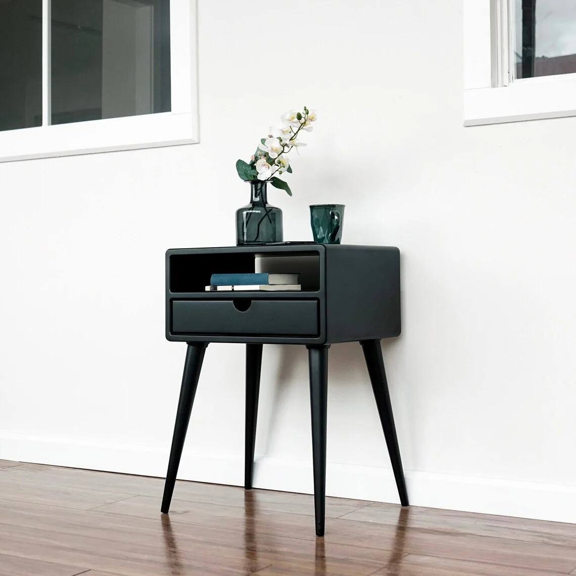 Mid Century Nightstand - Black Bedside Table with Drawer and Shelf - Image 13
