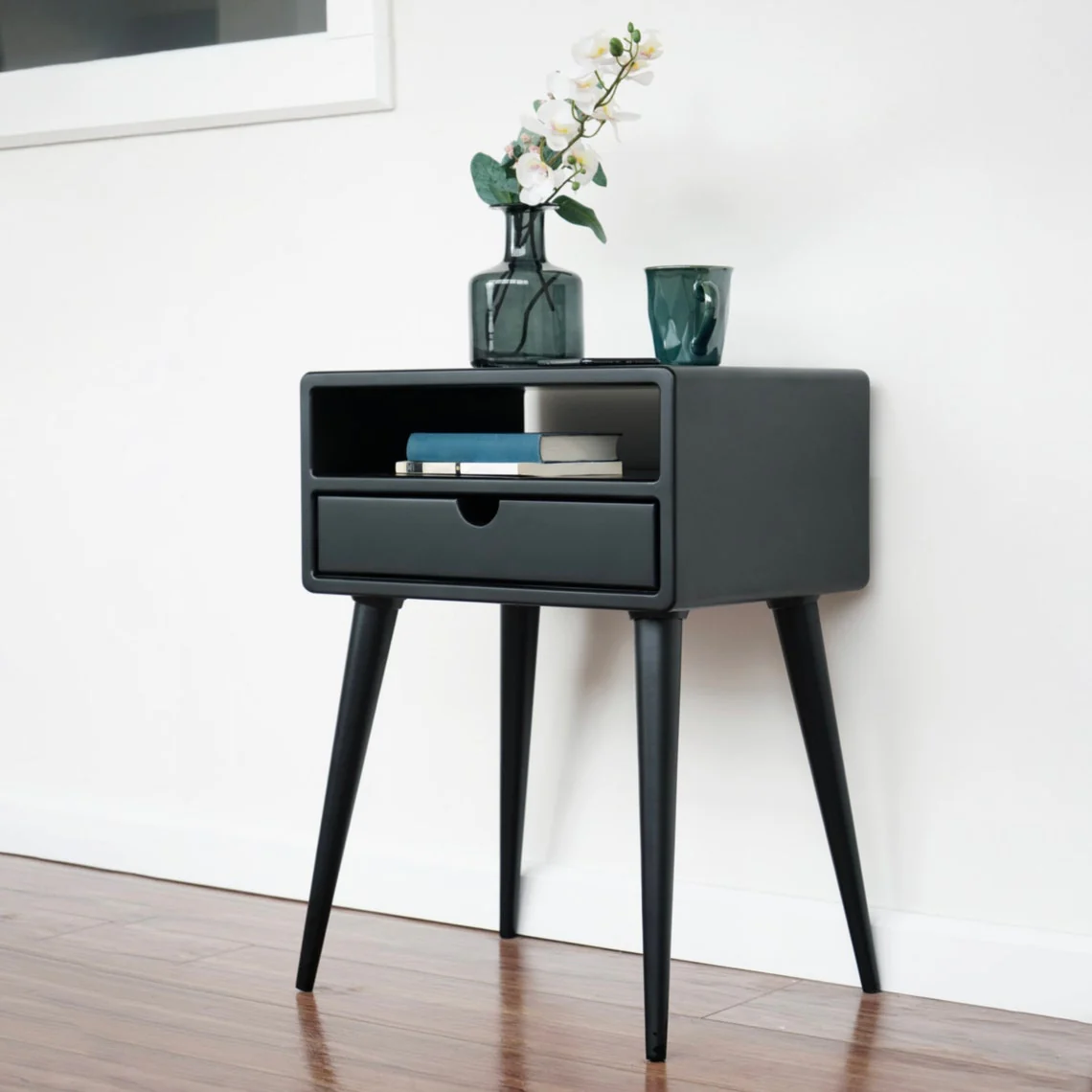 Mid Century Nightstand - Black Bedside Table with Drawer and Shelf - Image 14
