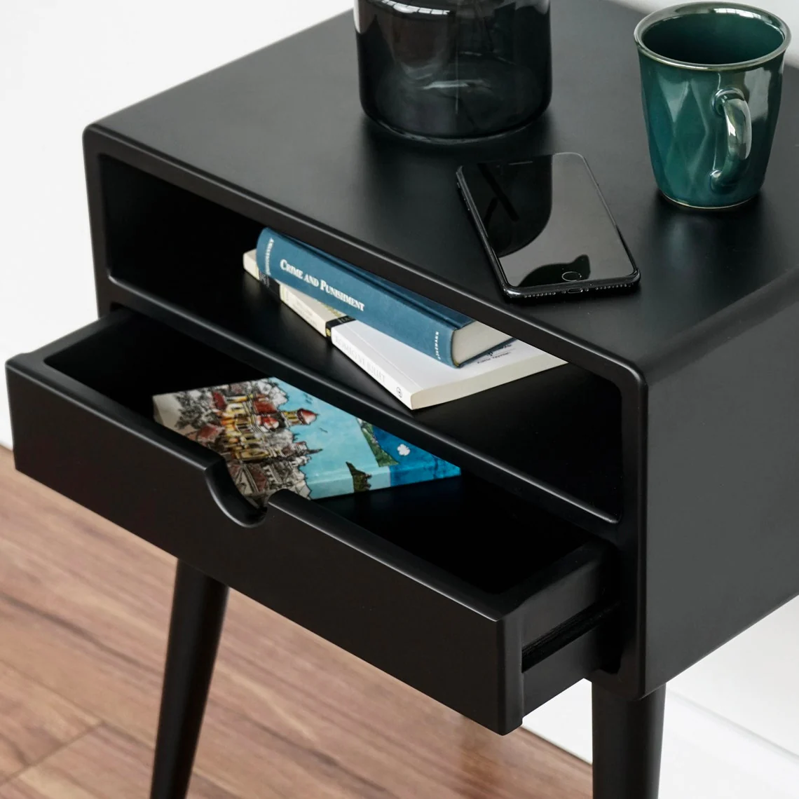 Mid Century Nightstand - Black Bedside Table with Drawer and Shelf - Image 15