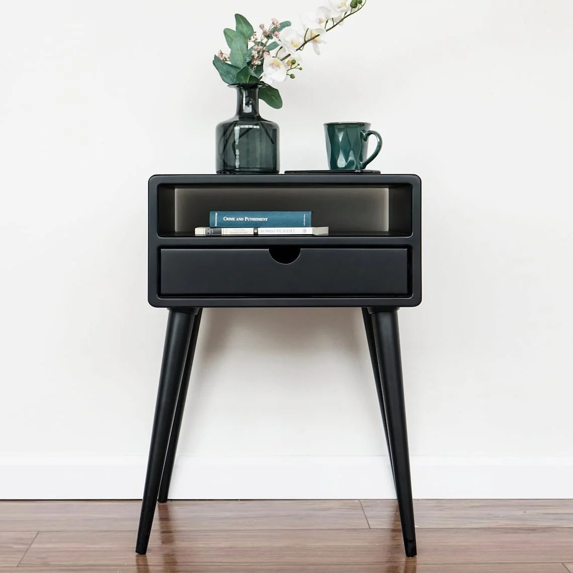Mid Century Nightstand - Black Bedside Table with Drawer and Shelf - Image 6
