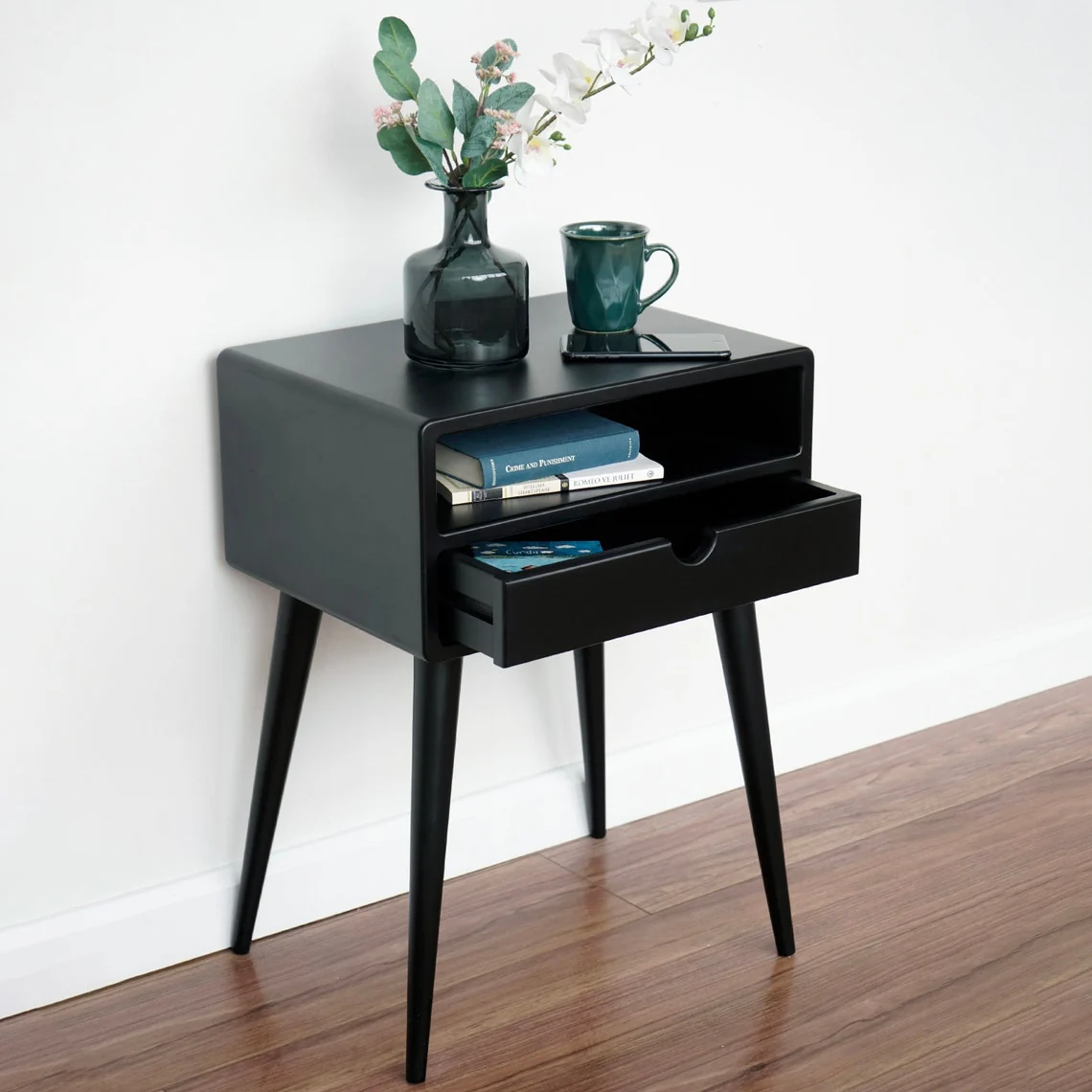 Mid Century Nightstand - Black Bedside Table with Drawer and Shelf - Image 7