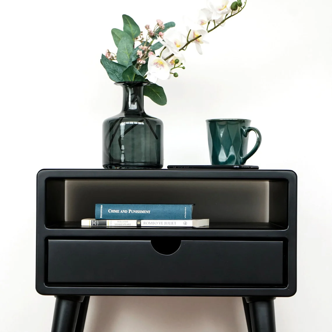 Mid Century Nightstand - Black Bedside Table with Drawer and Shelf - Image 9