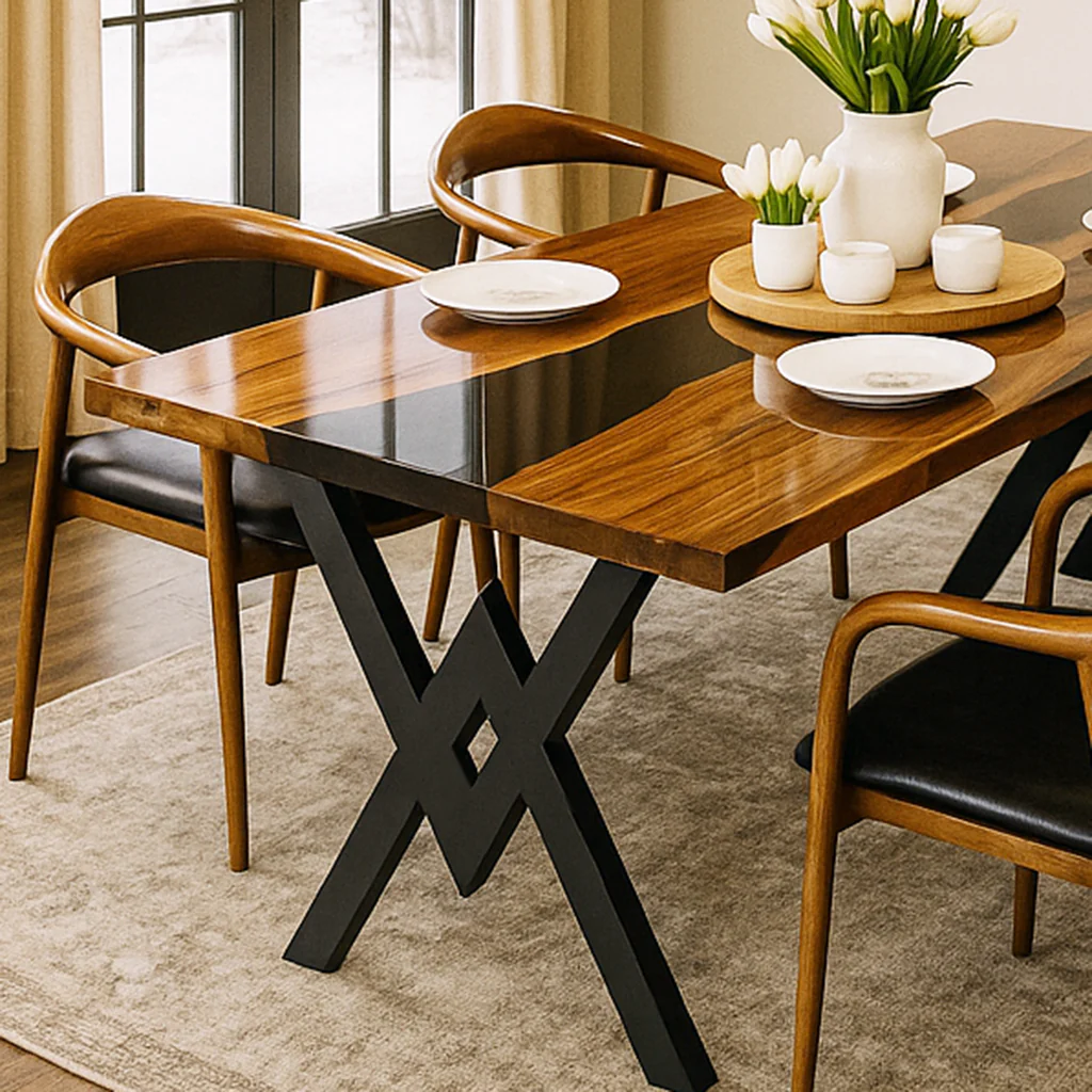 Walnut Dining Table with Metal Legs - Black Epoxy River - Image 3