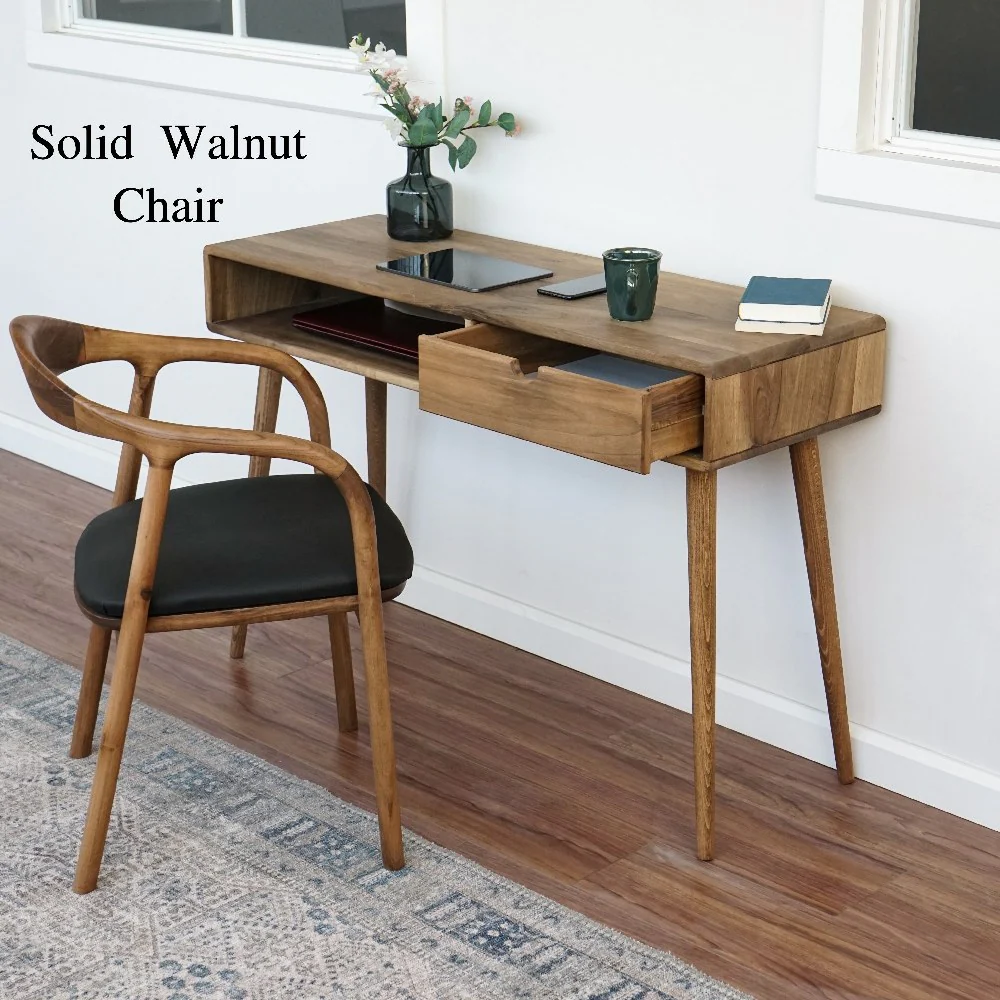 Solid Wood Walnut Dining Chair with Black Leather Cushion - Image 10