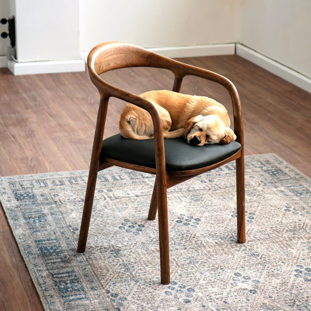 Solid Wood Walnut Dining Chair with Black Leather Cushion - Image 4