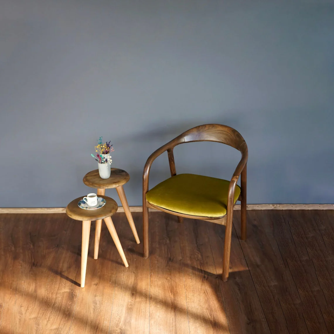 Solid Wood Walnut Dining Chair with Mustard Fabric Cushion - Image 10