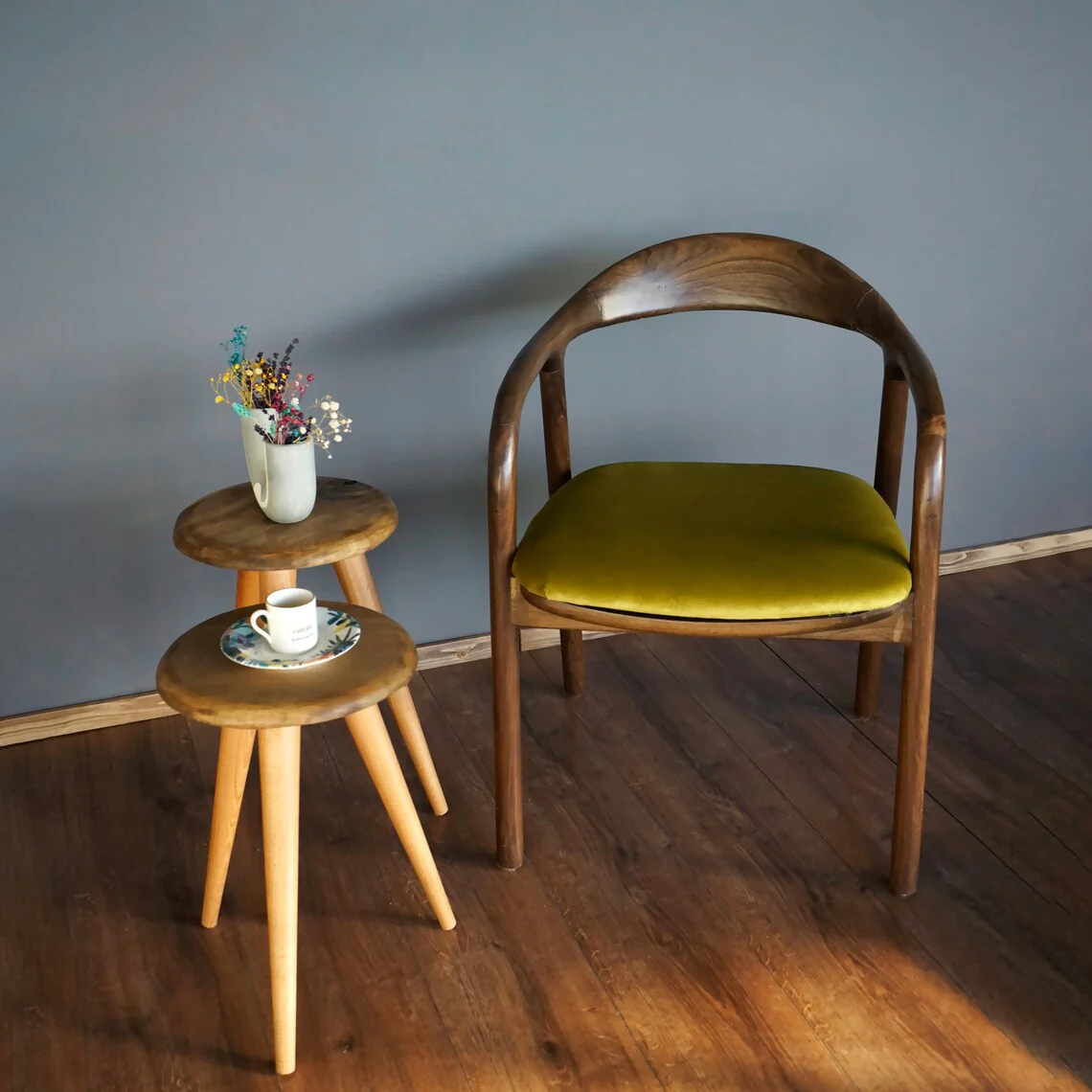 Solid Wood Walnut Dining Chair with Mustard Fabric Cushion - Image 9