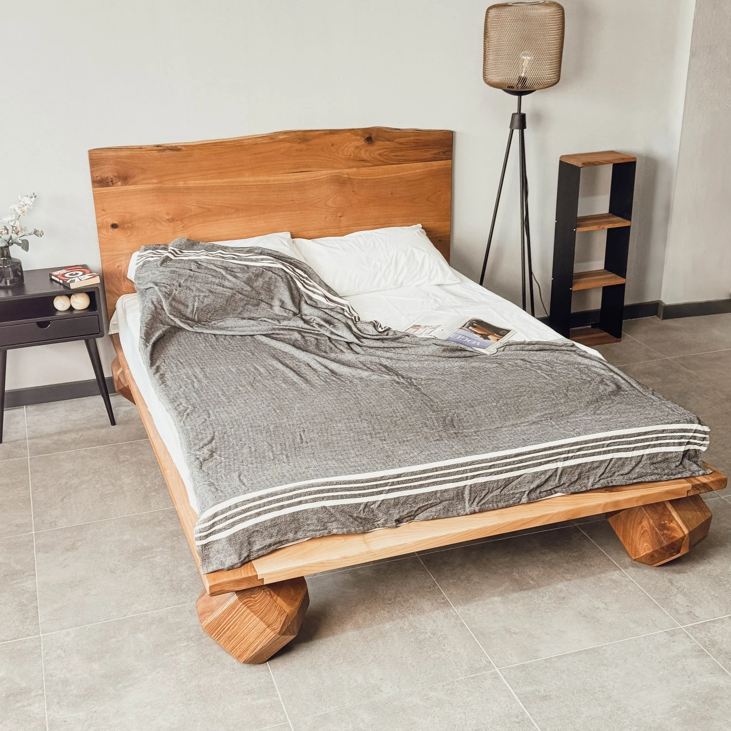 Walnut Bed Frame With Headboard - Low Platform Bed Frame - Image 7