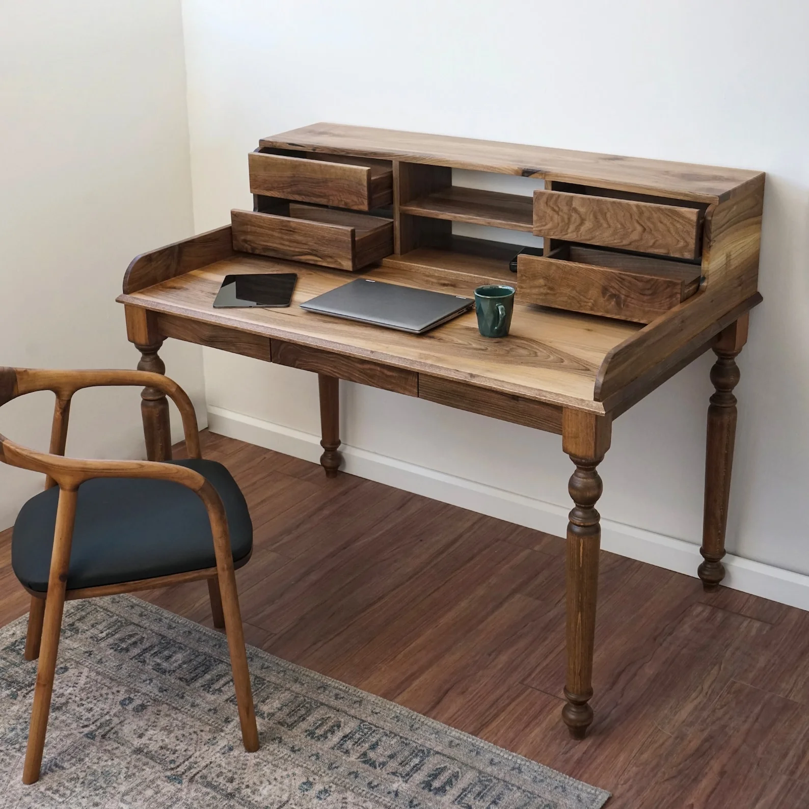 Walnut Desk with Drawers and Hutch - Mid Century Modern - Image 13