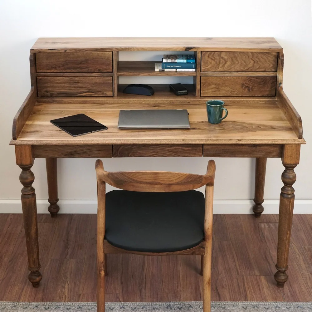 Walnut Desk with Drawers and Hutch - Mid Century Modern - Image 4