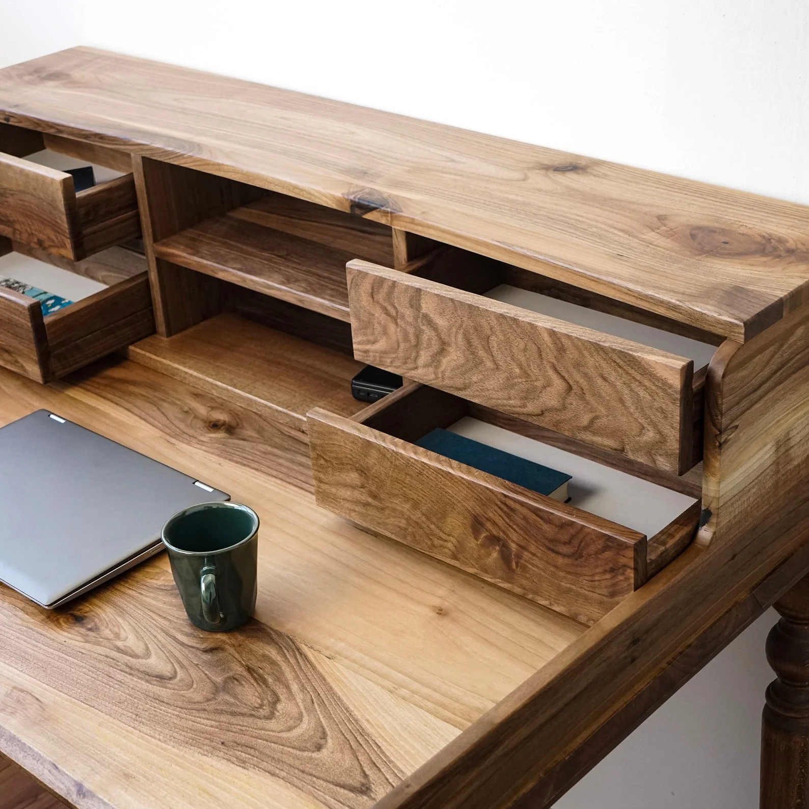 Walnut Desk with Drawers and Hutch - Mid Century Modern - Image 7