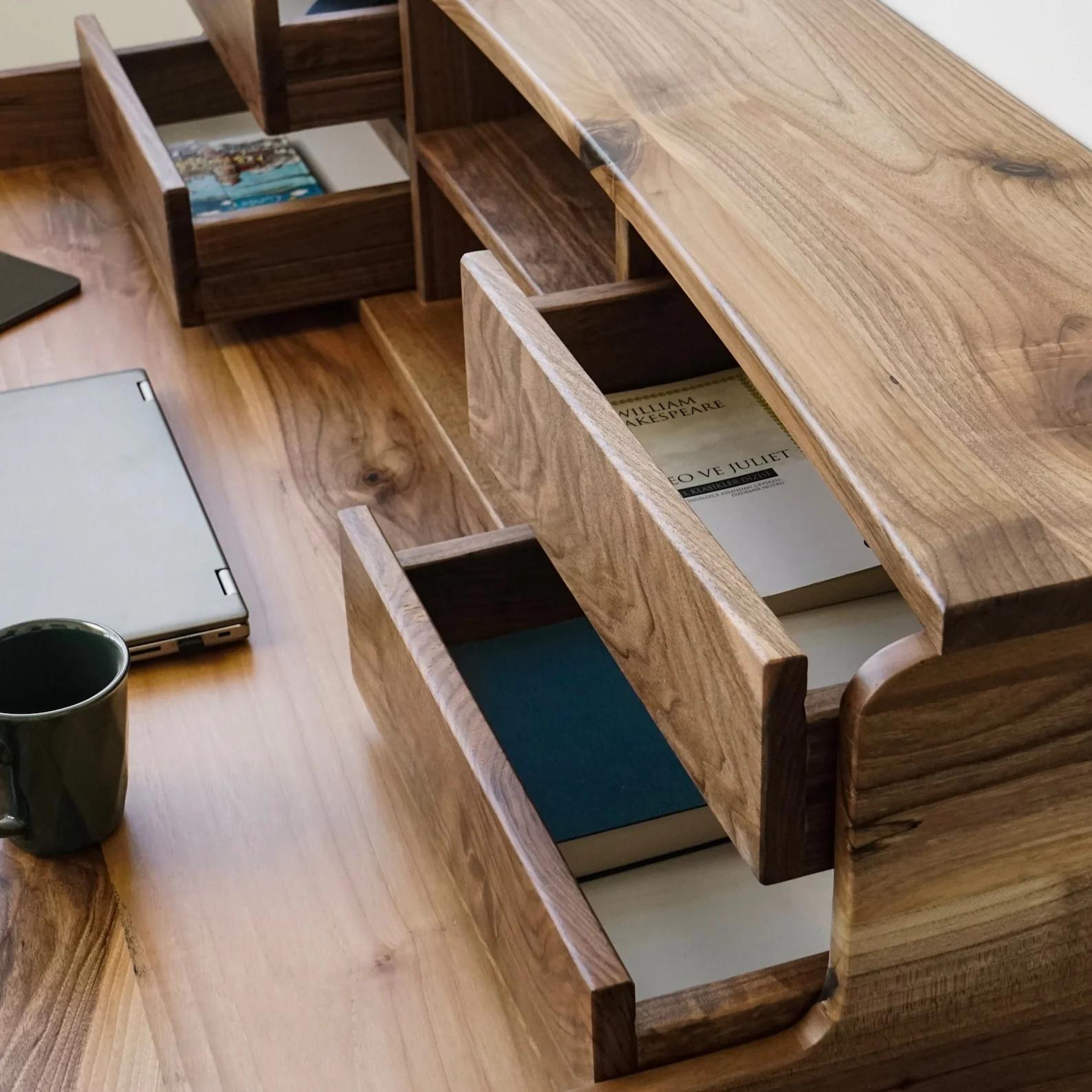 Walnut Desk with Drawers and Hutch - Mid Century Modern - Image 8