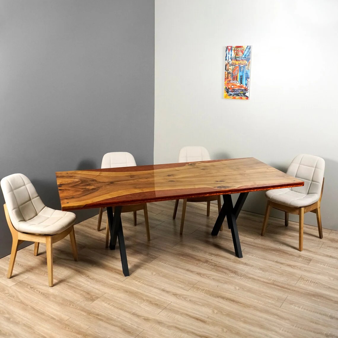 Walnut Live Edge Kitchen Table with Burgundy Epoxy Resin Details - Image 9