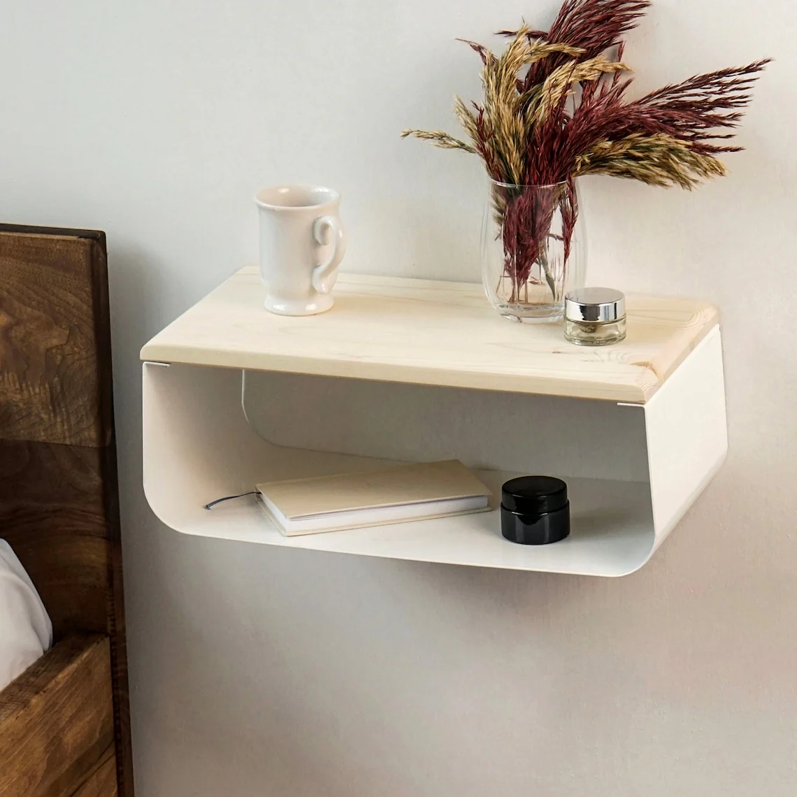 Floating Nightstand with Wooden Top and Sturdy Metal Base White - Image 5