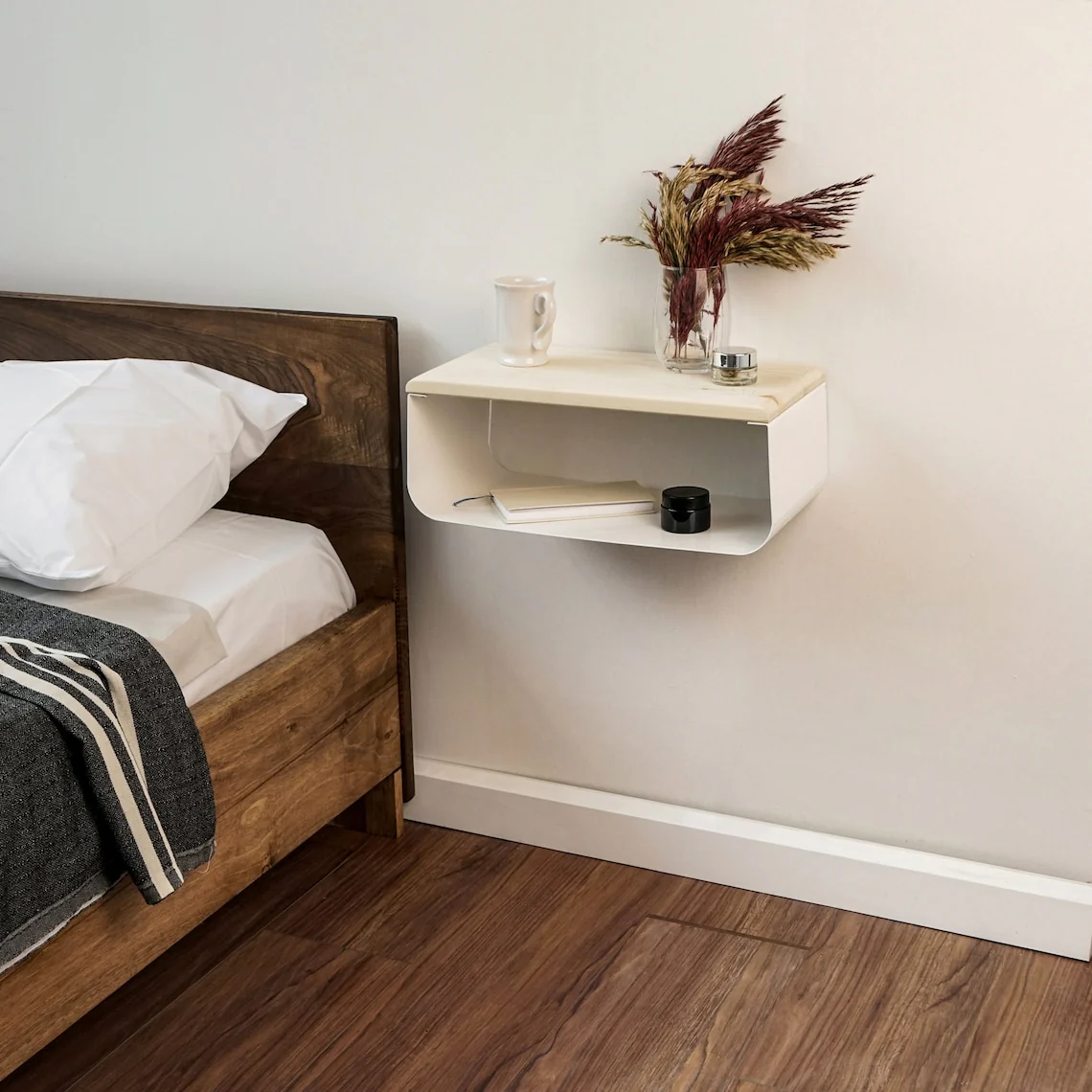 Floating Nightstand with Wooden Top and Sturdy Metal Base White - Image 6