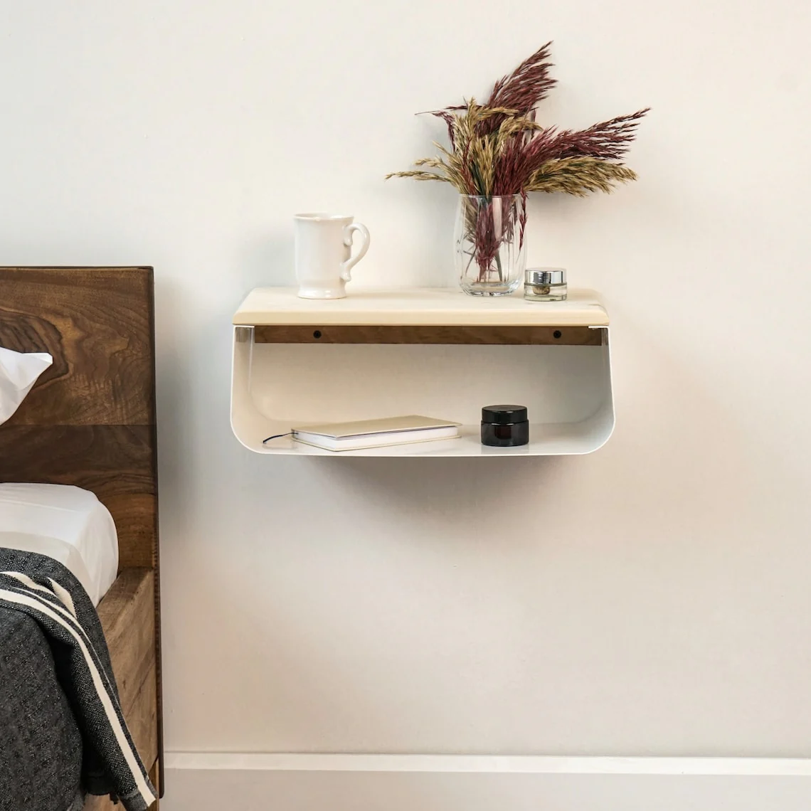 Floating Nightstand with Wooden Top and Sturdy Metal Base White - Image 7