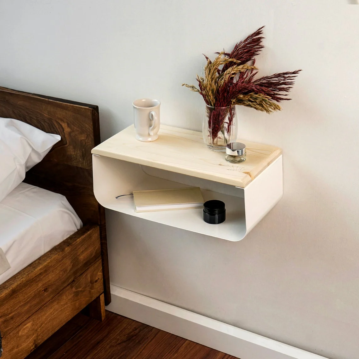 Floating Nightstand with Wooden Top and Sturdy Metal Base White - Image 8