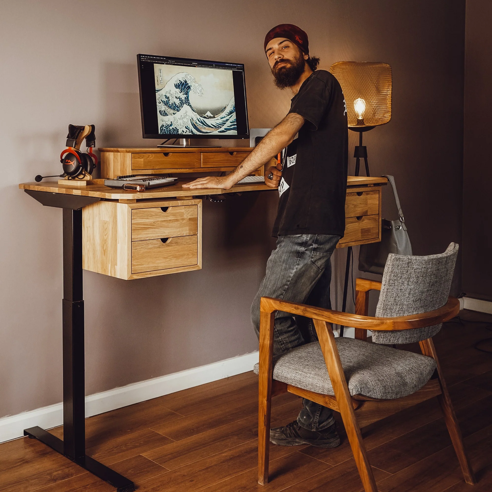 Wood Studio Desk Workstation With Storage and Monitor Stand - Image 4