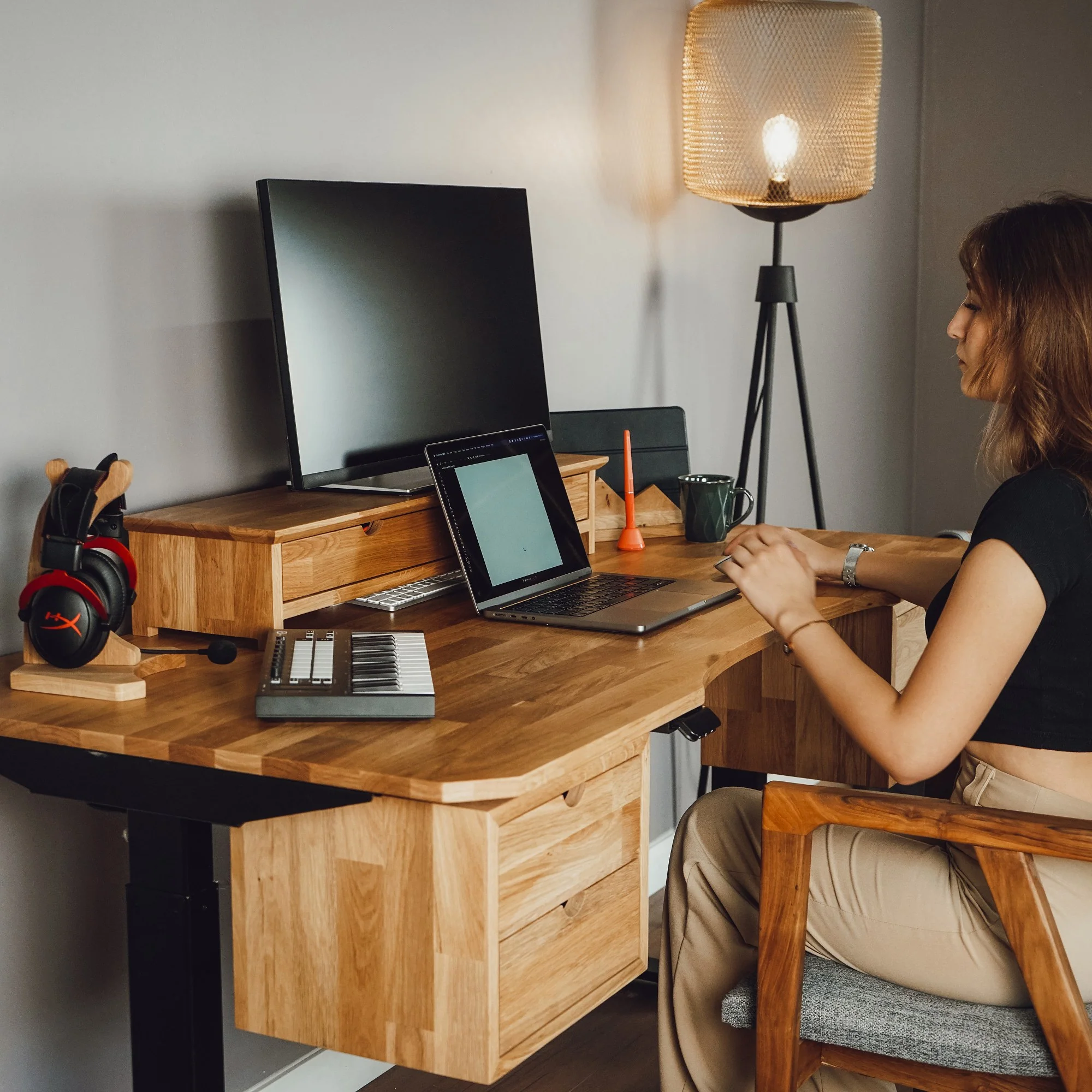 Wood Studio Desk Workstation With Storage and Monitor Stand - Image 8